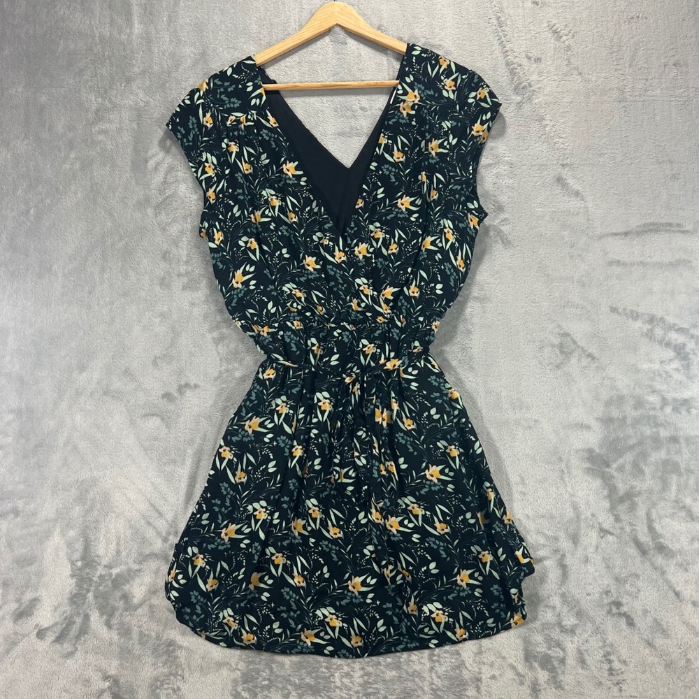 DR2 Floral V-Neck Mini Dress Women Size M Black Yellow Sleeveless Good Condition